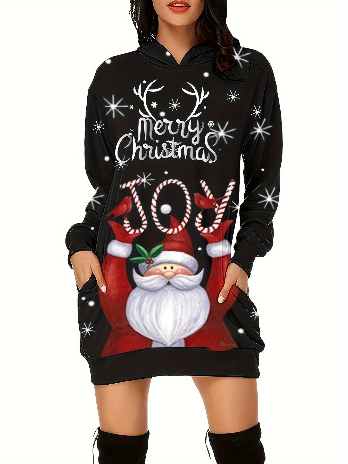 Christmas Santa Claus & Letter Print Dress, Casual Long Sleeve Hooded Above Knee Dress, Women's Clothing