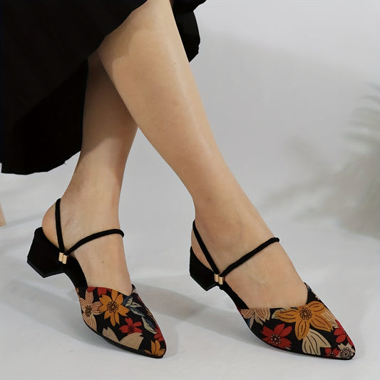 Women's Flower Pattern Chunky Heels, Elegant Point Toe Dress Pumps, Fashion Two-way Wear Heels