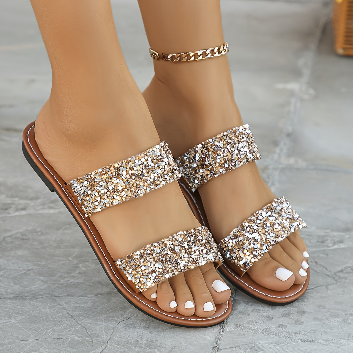 Women's Rhinestone Decor Slide Sandals, Casual Open Toe Flat Summer Shoes, Lightweight Double Strap Slide Sandals