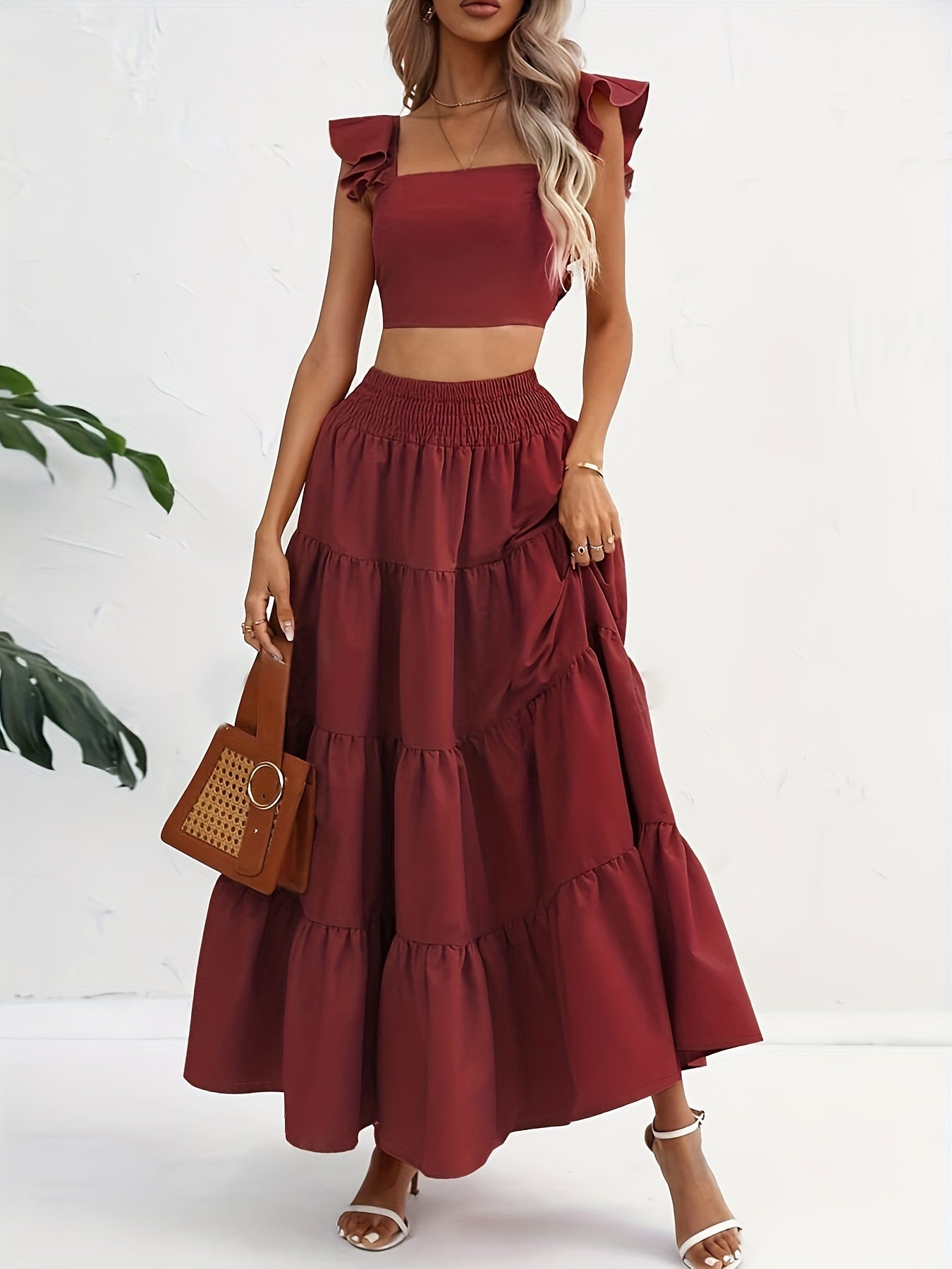 Solid Ruffle Shirred Skirt Suits, Square Neck Flutter Sleeve Backless Crop Top & Elastic High Waist A-line Skirt Outfits, Women's Clothing