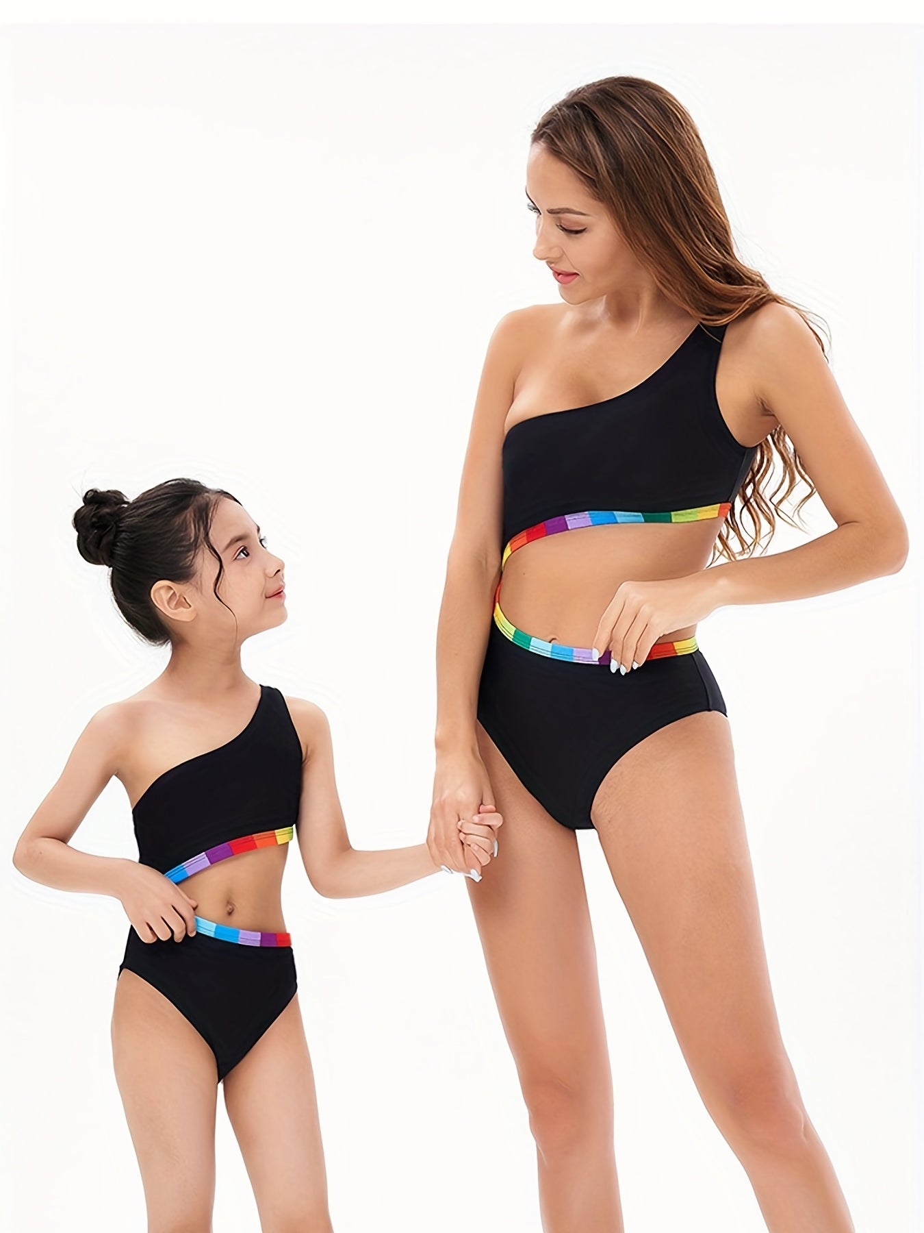 Cute Mommy and Me Matching Swimsuits - One Shoulder Tankini with Waist Cutout Design - Perfect for Summer Beach Vacations