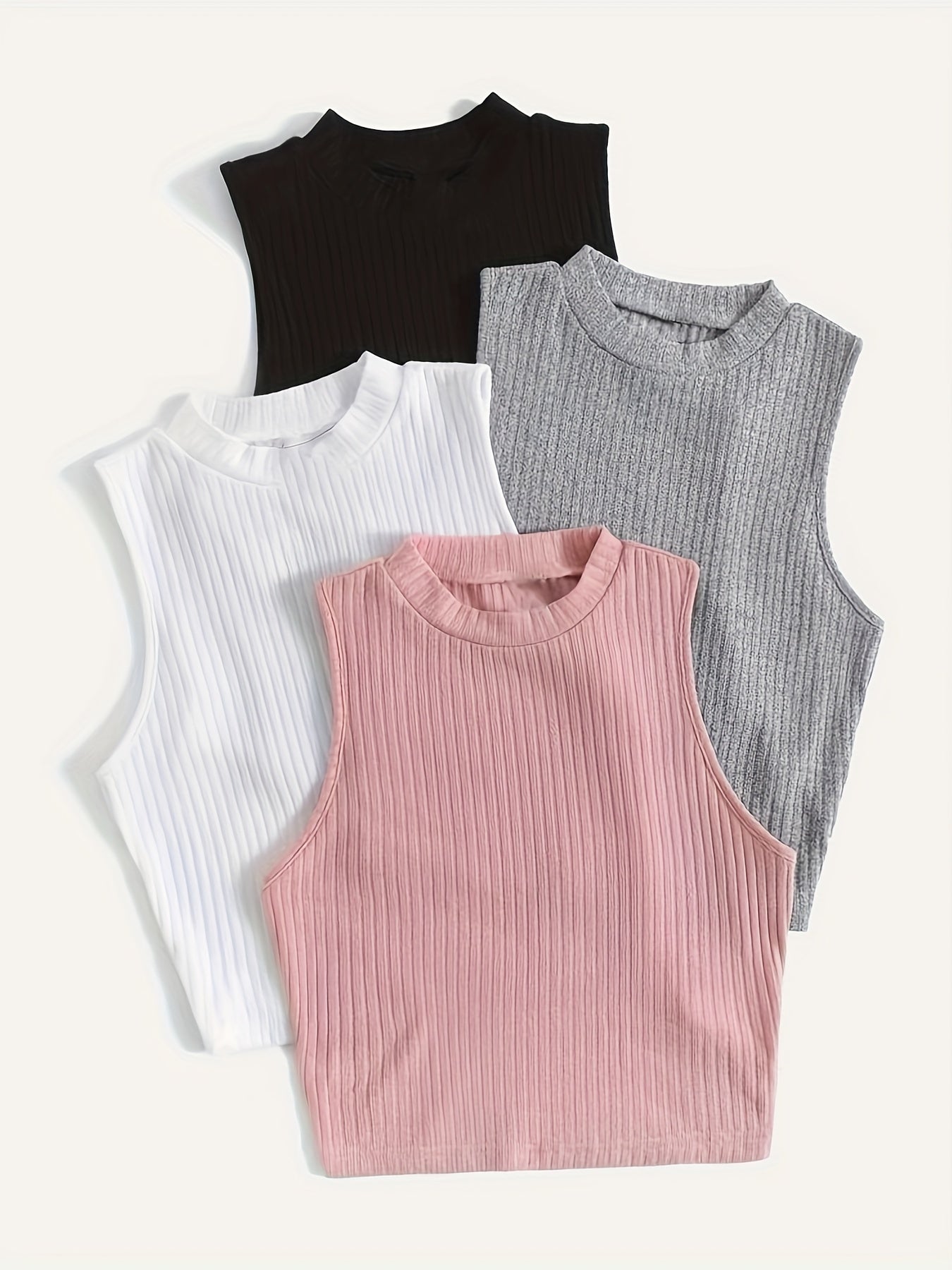 Solid Crew Neck Rib Knit Top 4 Pack, Elegant Sleeveless Tank Top, Women's Clothing