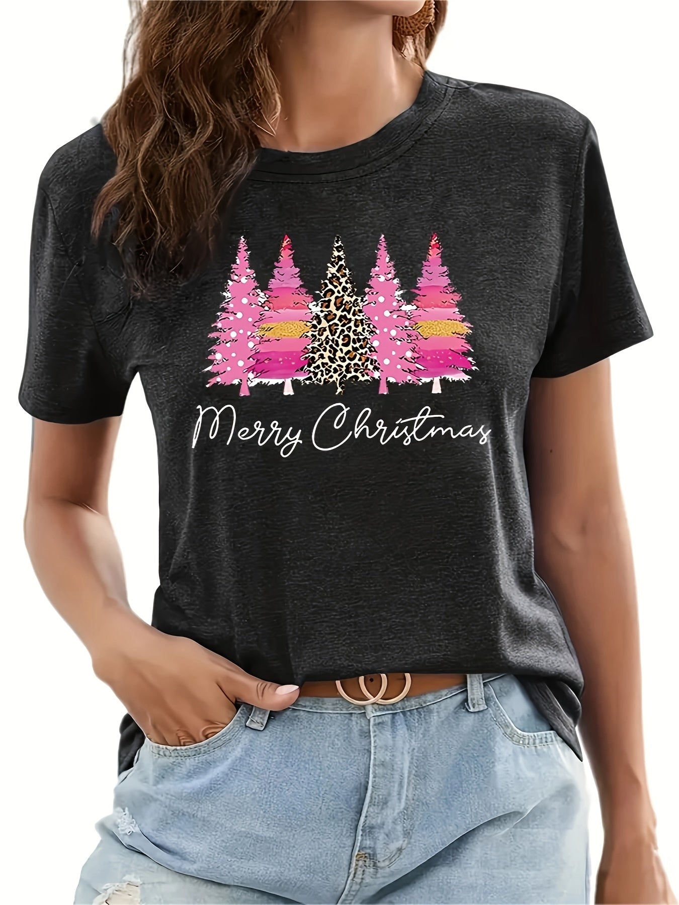 Christmas Tree Print T-shirt, Casual Crew Neck Short Sleeve Top, Women's Clothing