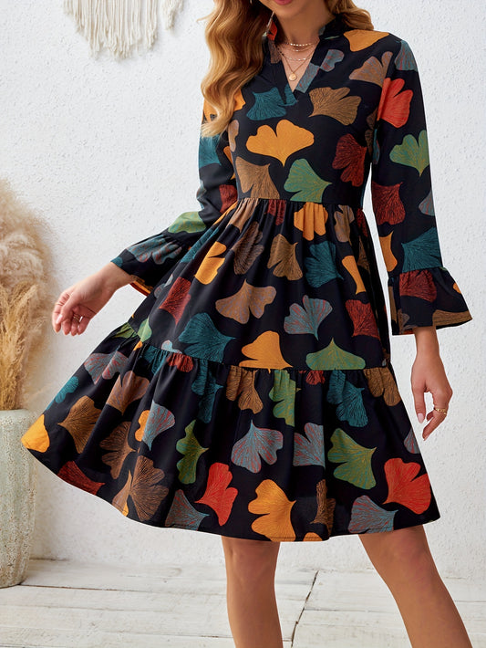 Floral Print V Neck Dress, Vintage Long Sleeve Dress For Spring & Fall, Women's Clothing