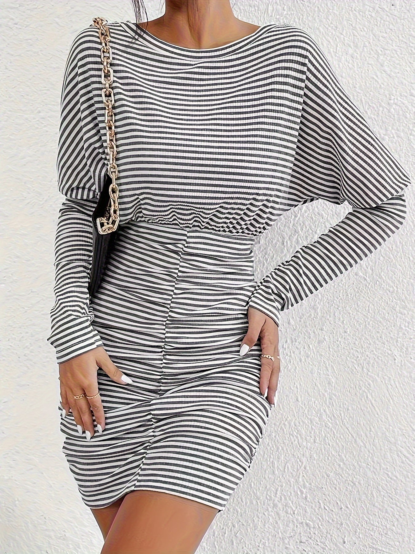 Striped Print Bodycon Dress, Elegant Long Sleeve Dress For Spring & Fall, Women's Clothing