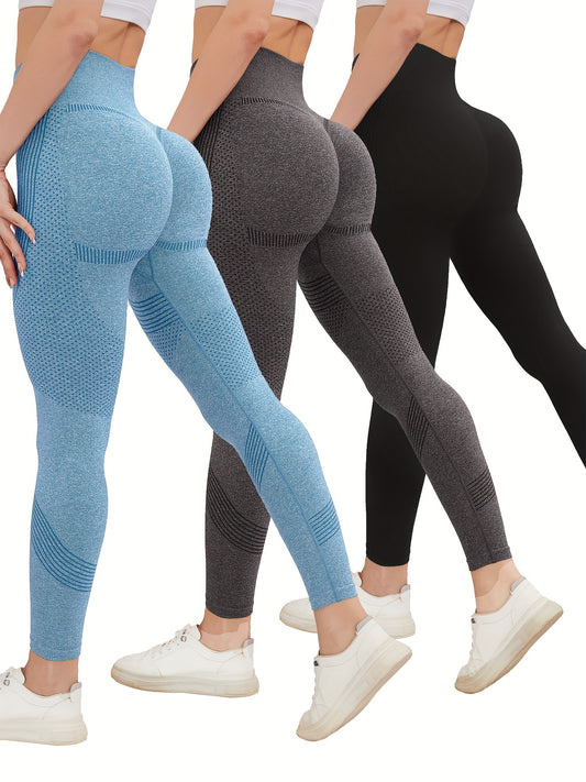 3pcs Breathable High Waist Butt Lifting Fitness Leggings, Tummy Control Running Sports Tight Yoga Pants, Women's Activewear