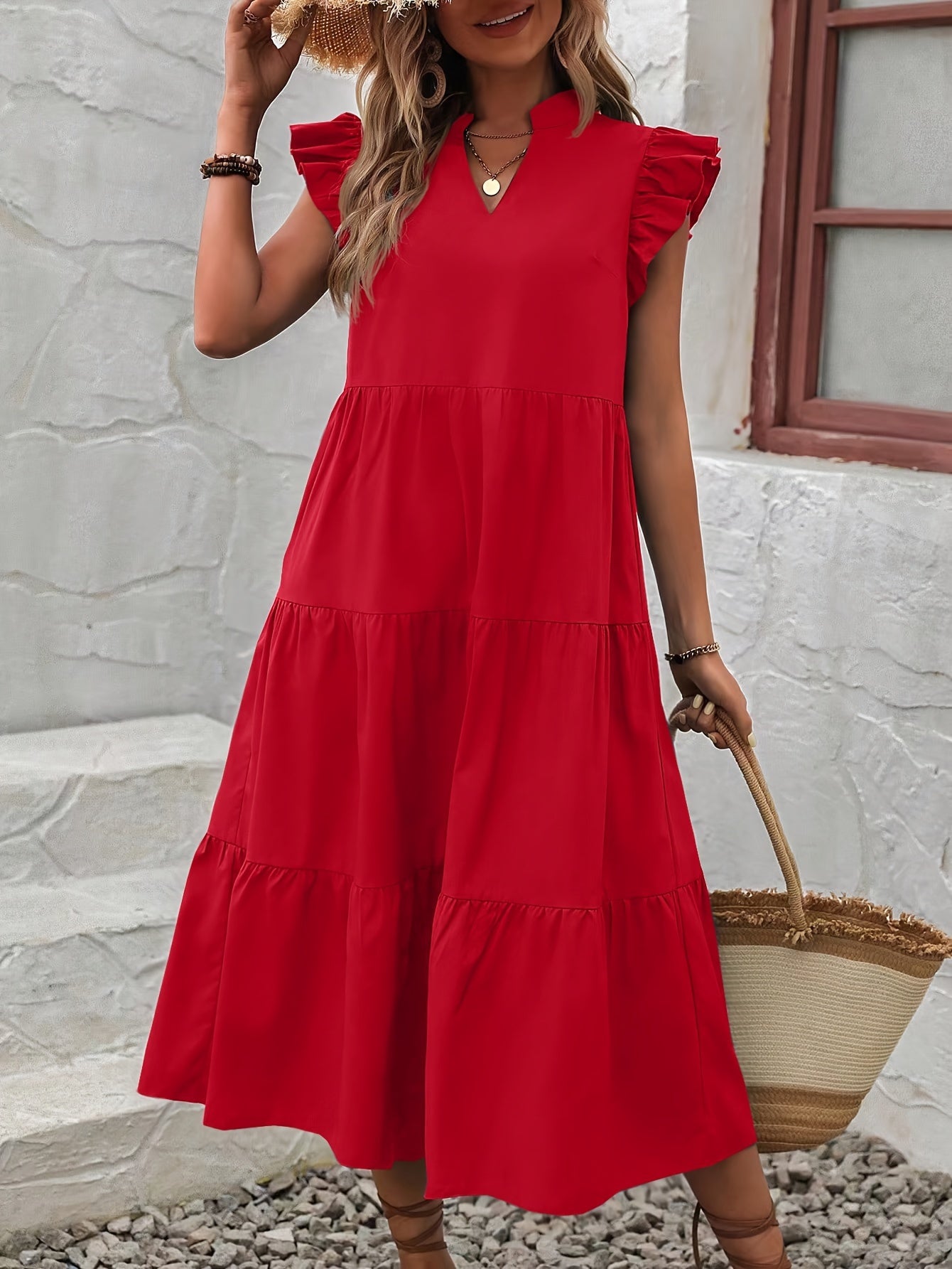 Floral Print V Neck Dress, Elegant Ruffle Sleeve Dress For Spring & Summer, Women's Clothing
