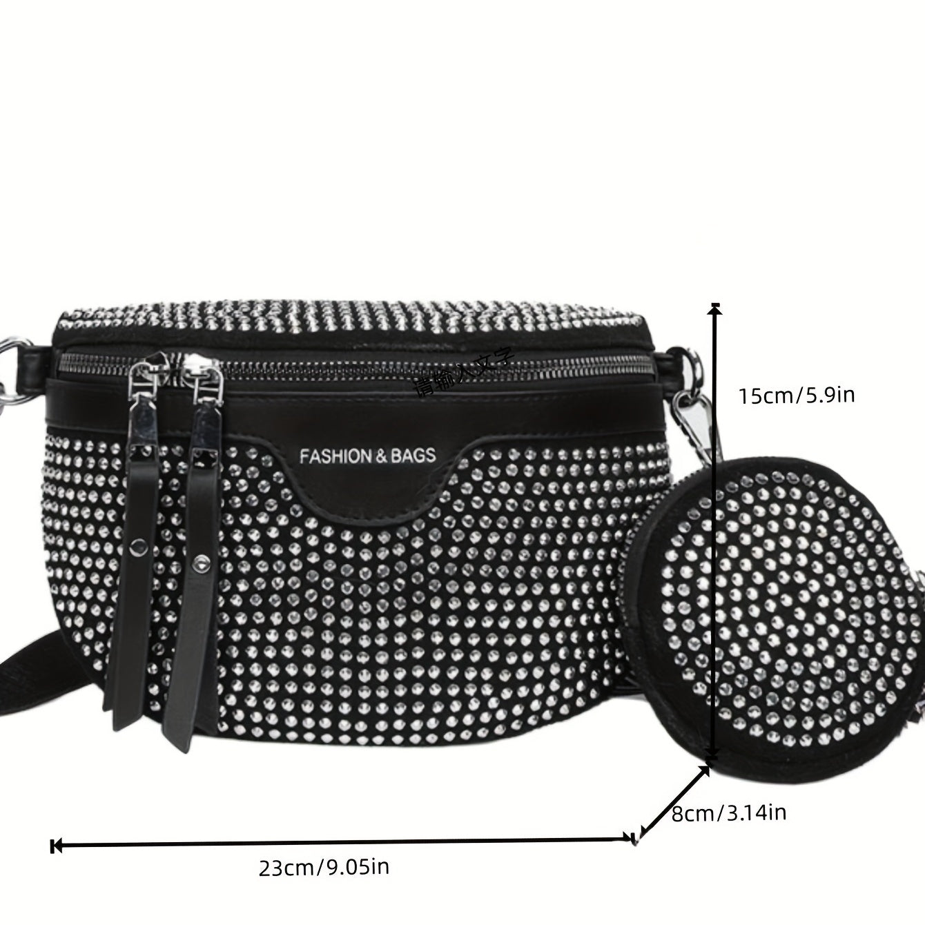 Trendy Rhinestone Chest Bag With Round Coin Purse, Punk Style Crossbody Bag, Women's Waist Bag For Street Wear