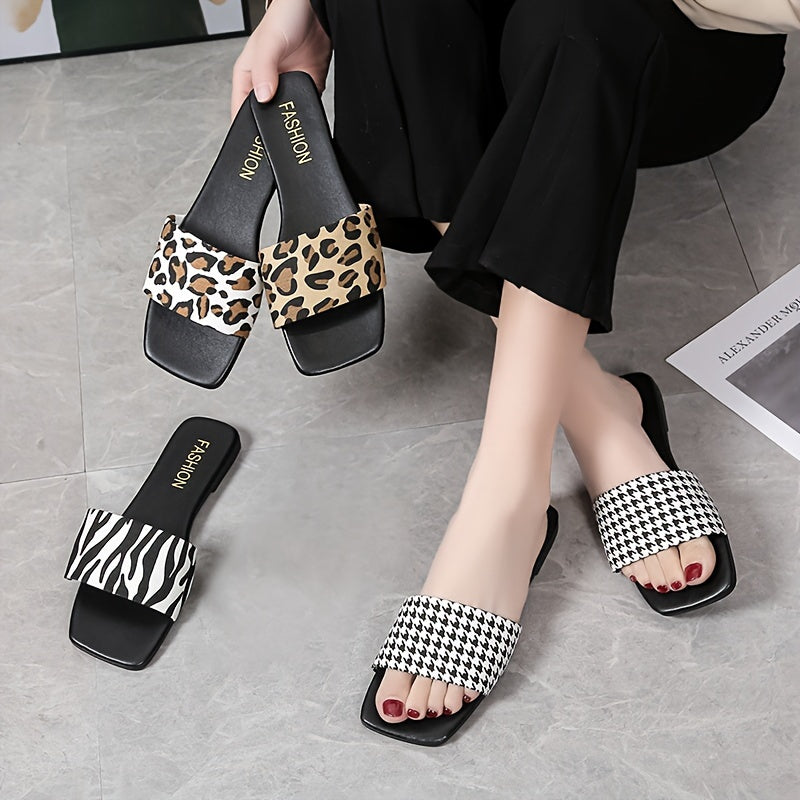 Women's Trendy Printed Slide Sandals, Casual Square Open Toe Flat Summer Shoes, Lightweight Slide Sandals