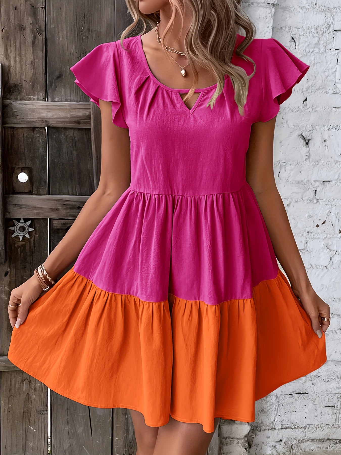 Crew Neck Ruffle Sleeve Dress, Elegant Ruffle Hem Dress For Spring & Summer, Women's Clothing