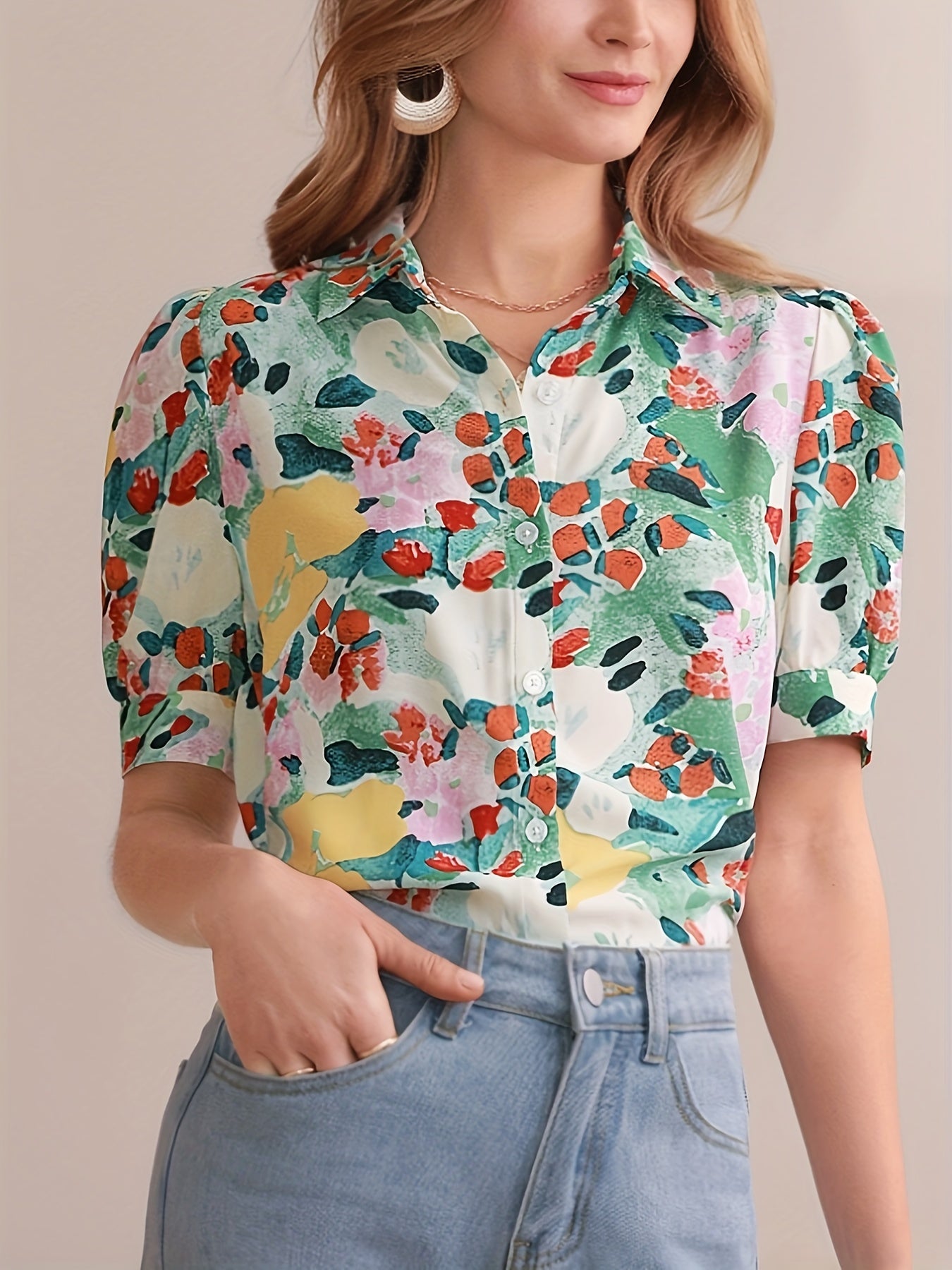 Floral Print Button Front Blouse, Casual Short Sleeve Blouse For Spring & Summer, Women's Clothing