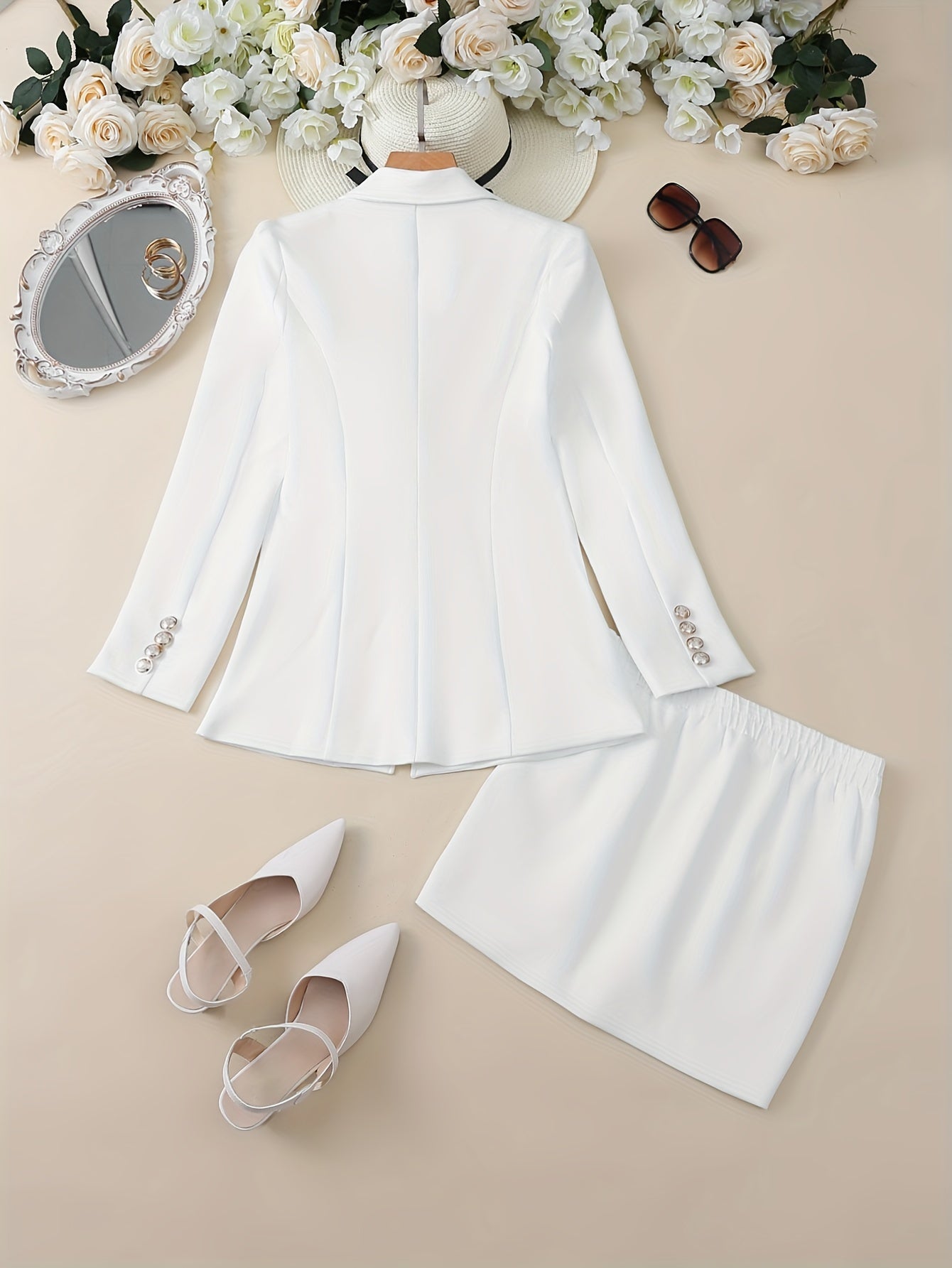 Elegant Two-piece Suit Set, Solid Color Double Breasted Blazer & Bodycon Skirt Outfits, Women's Clothing