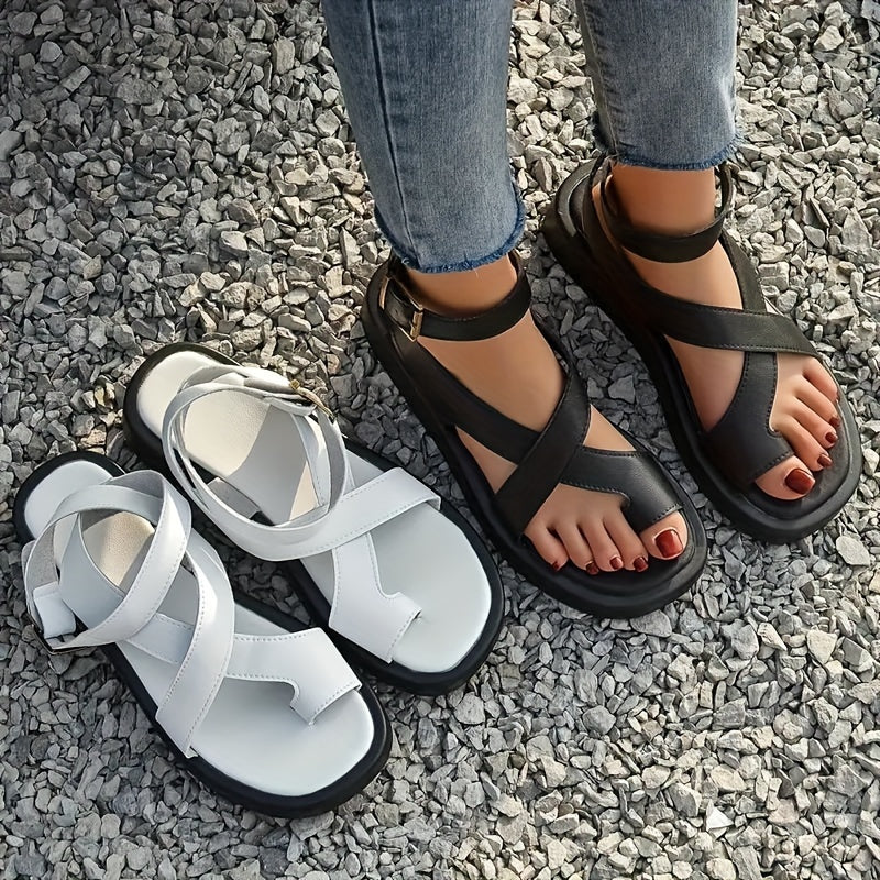 Trendy Solid Color Flat Non Slip Sports Sandals, Casual Versatile Open Toe Outdoor Slippers, Ankle Strap Faux Leather Beach Slides