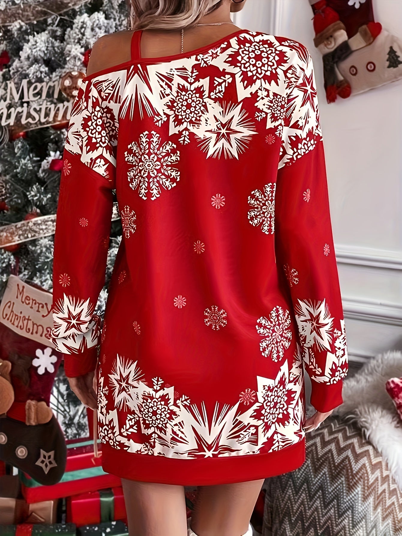 Christmas Snowflake Print Cold Shoulder Dress, Casual Long Sleeve Dress For Spring & Fall, Women's Clothing
