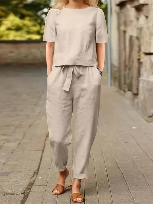 Casual Solid Two-piece Set, Short Sleeve Simple Top & Tie Waist Pants Outfits, Women's Clothing