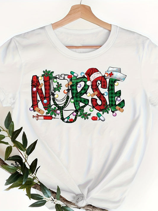 Christmas Lights & Nurse Print T-shirt, Casual Short Sleeve Crew Neck Top, Women's Clothing