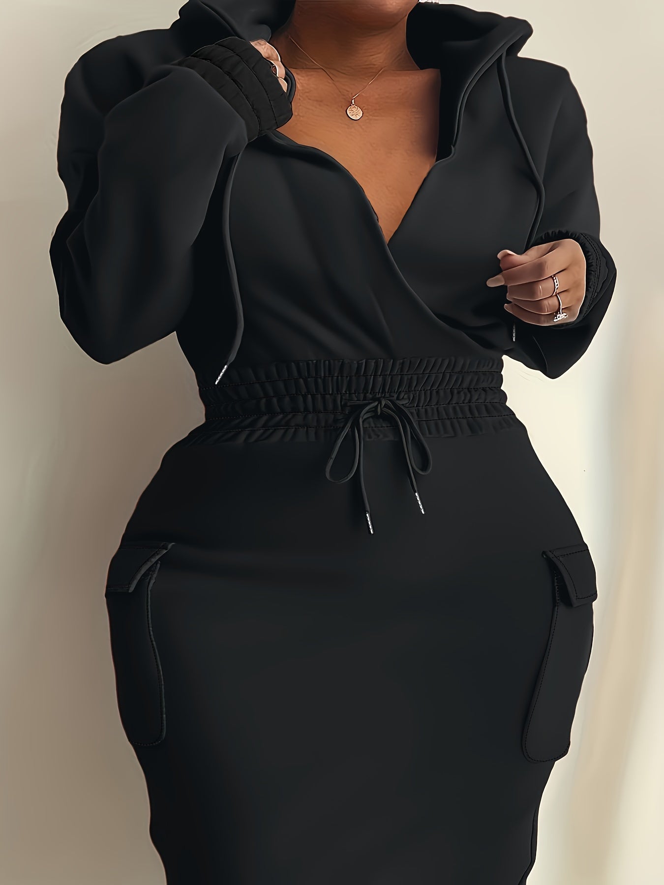 Plus Size Elegant Dress, Women's Plus Solid Hooded Drawstring Shirred Nipped Waist Long Sleeve Bodycon Midi Dress