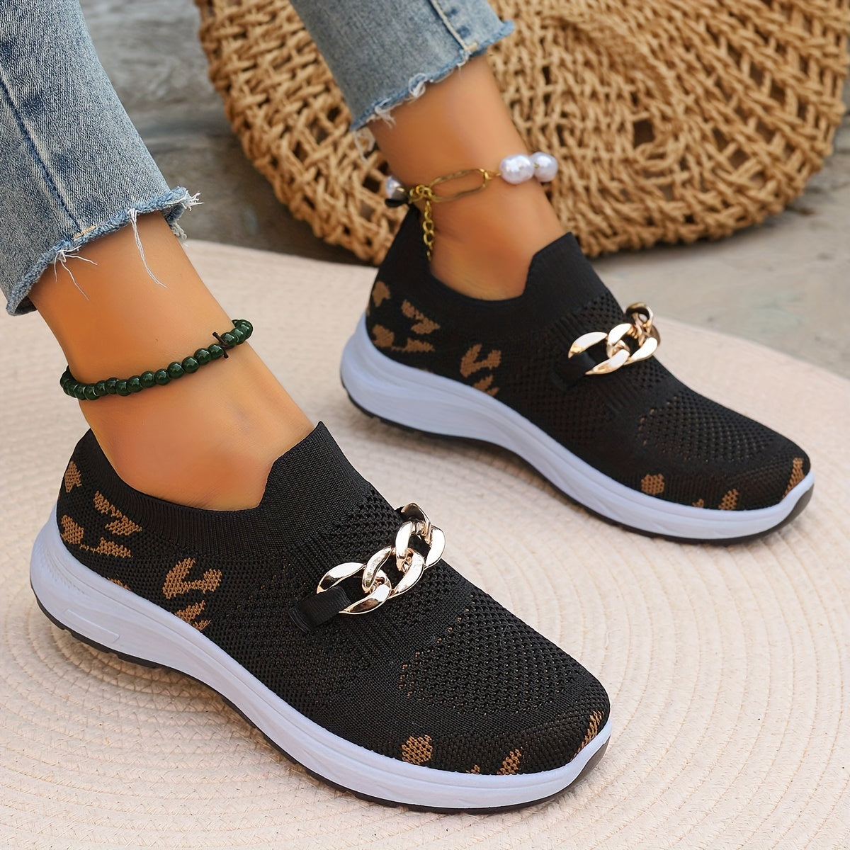 Women's Leopard Print Knitted Sneakers, Chain Decor Lightweight Soft Sole Trainers, Low-top Breathable Shoes