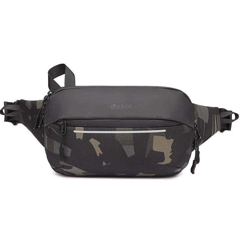 Black waist bag with camouflage pattern on a white background