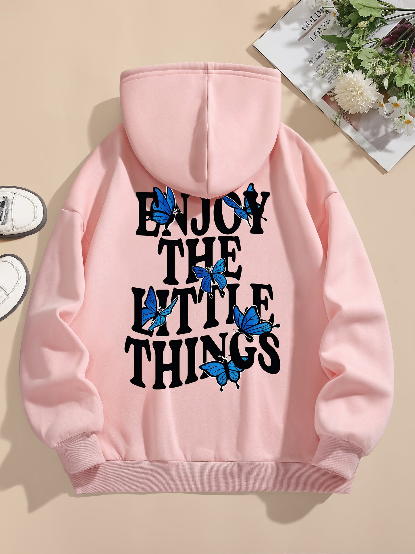 Felpa Con Cappuccio Con Tasca A Marsupio Con Stampa Di Farfalle E Lettere, Felpa Con Cappuccio Con Coulisse A Maniche Lunghe Casual, Abbigliamento Da Donna