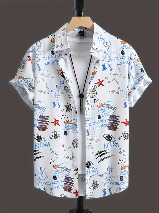 Men's Casual Cartoon Graffiti Print Short Sleeve Button Down Shirt, Summer Hawaiian Beachwear