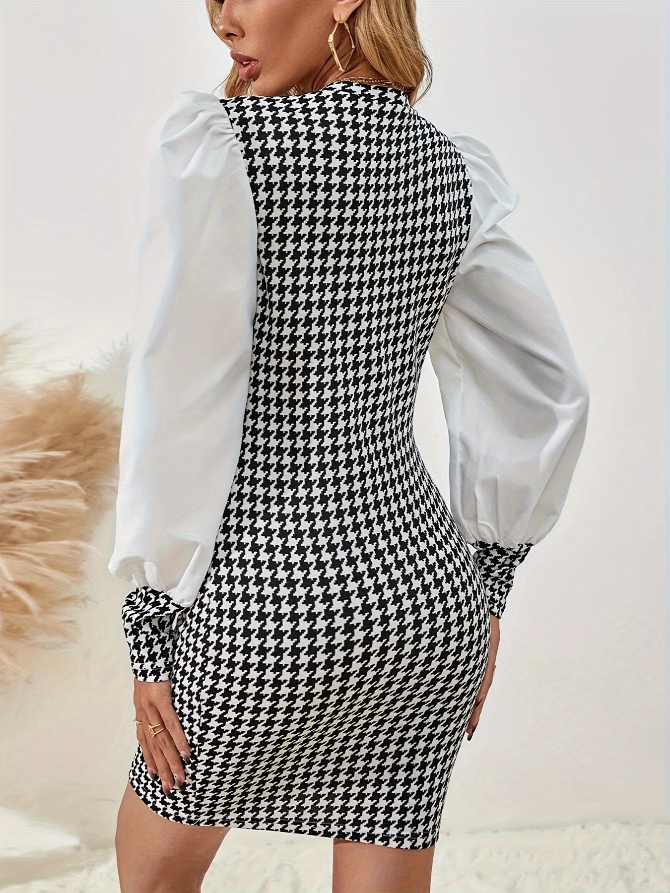 Plaid Print Color Block Splicing Dress, Elegant Long Sleeve Bodycon Dress For Spring & Fall, Women's Clothing