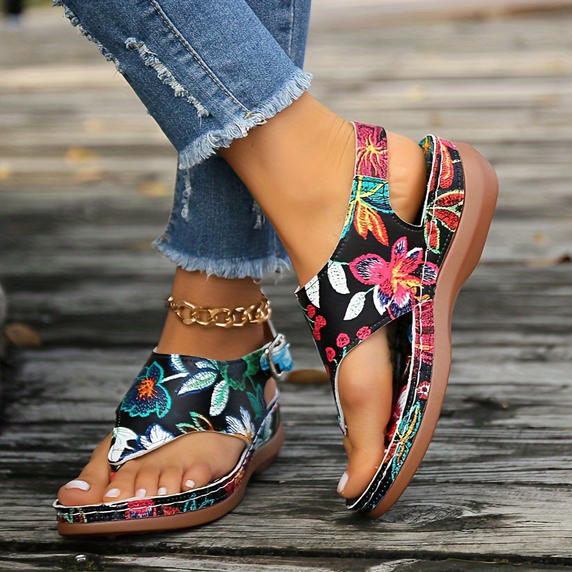 Women's Flower Pattern Wedge Sandals, Casual Clip Toe Platform Sandals, Comfortable Buckle Strap Summer Shoes