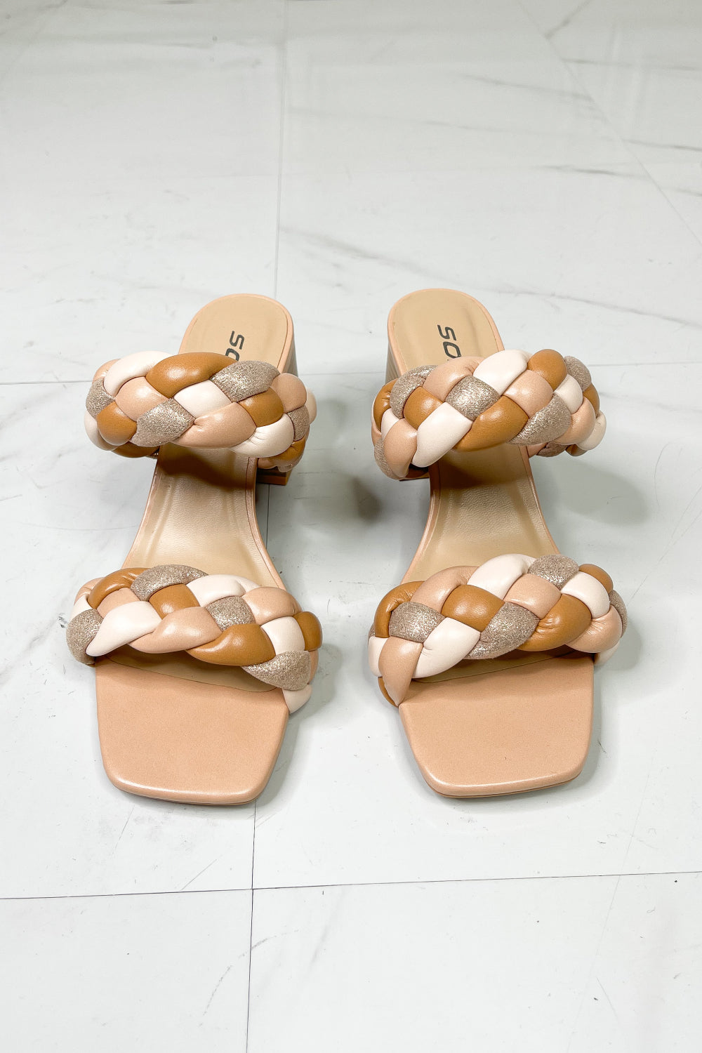 SODA Interwoven Ideas Braided Strap Block Heel Slide Sandal in Nude (S309)