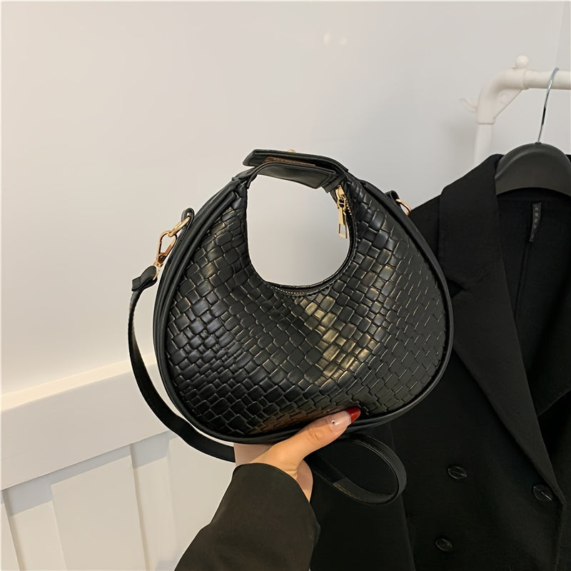 Trendy Woven Hobo Bag, Simple Mini Crossbody Bag, Women's PU Leather Crescent Handbag