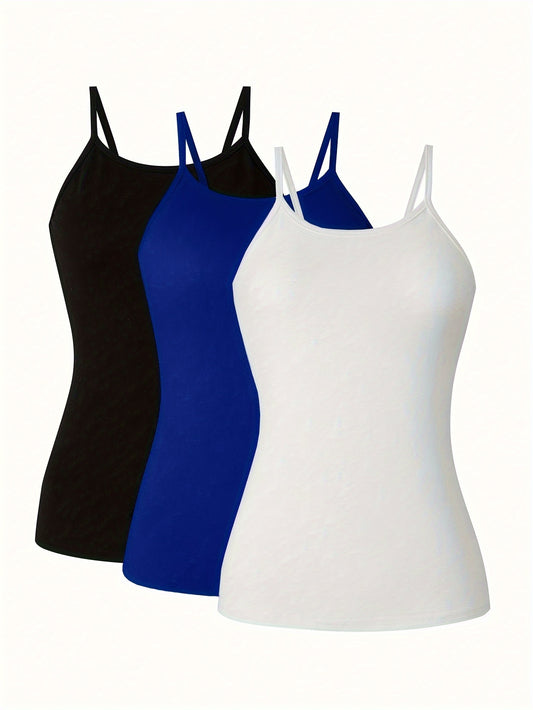 Solid Color 3 Packs Cami Tops, Casual Sleeveless Cami Top For Summer, Women's Clothing