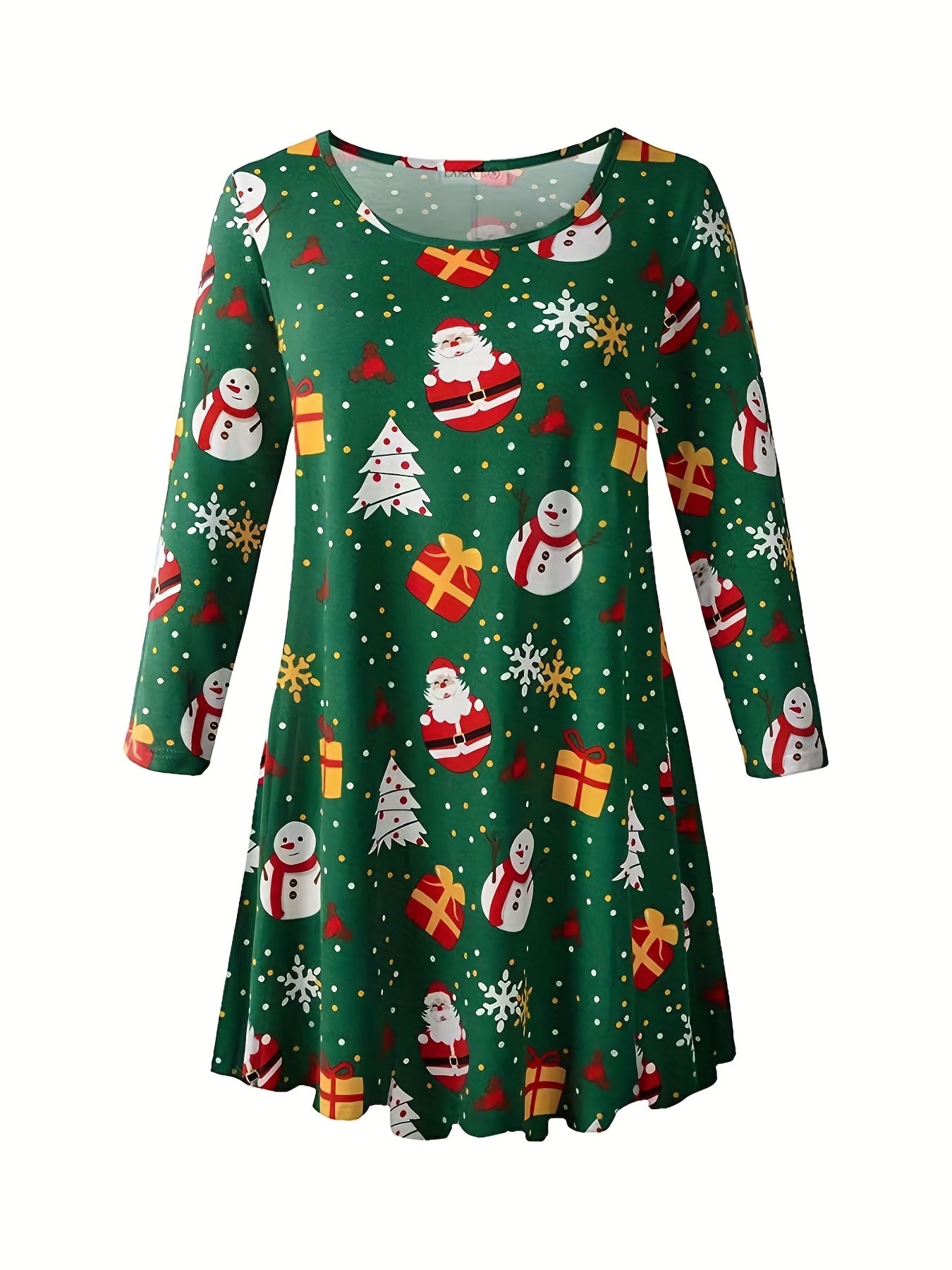 Plus Size Christmas Casual Dress, Women's Plus Graphic Print Long Sleeve Round Neck Slight Stretch Dress
