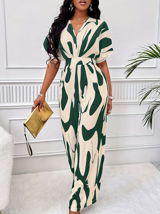 Graphic Print Shirred Waist Jumpsuit, Elegante Jumpsuit A Gamba Dritta Con Scollatura A V Per Primavera Ed Estate, Abbigliamento Da Donna