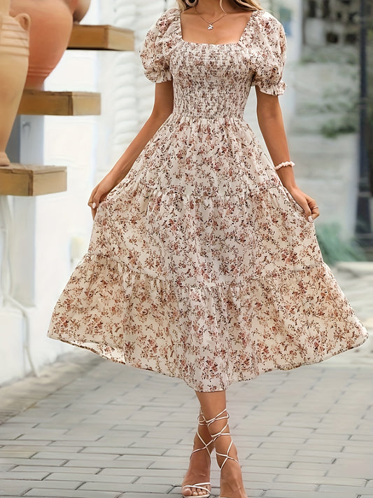 Floral Print Shirred Aline Dress, Vintage Square Neck Puff Sleeve Swing Dress For Spring & Summer, Women's Clothing