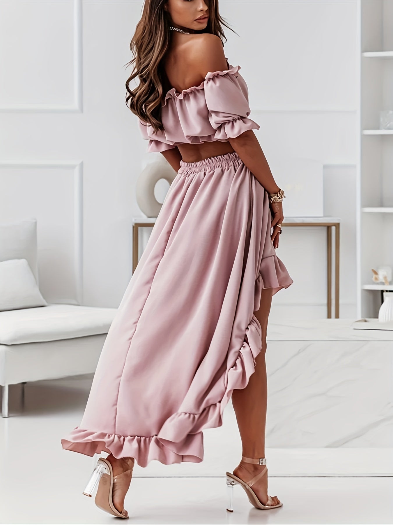 Solid Ruffle Trim Two-piece Set, Off Shoulder Short Sleeve Tops & Dipped Hem Elastic Waist Skirts Outfits, Women's Clothing