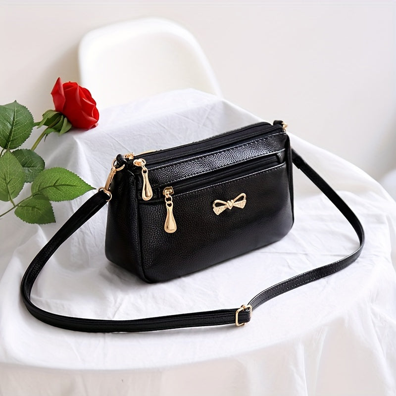 Stylish Cute Crossbody Bag, Solid Color Casual Simple PU Leather Shoulder Bag With Bow Decor, Women's Simple Versatile Handbag & Purse