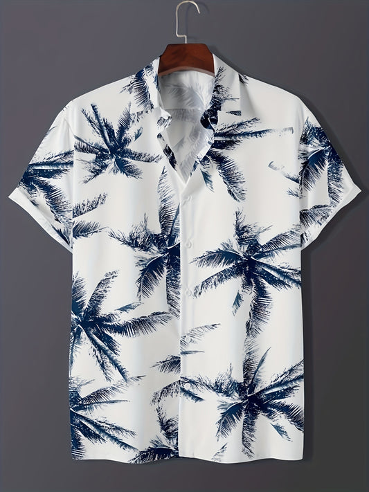 Coconut Trees Pattern Men's Short Sleeve Button Down Shirt For Summer Resort Vacation, Men's Leisurewear