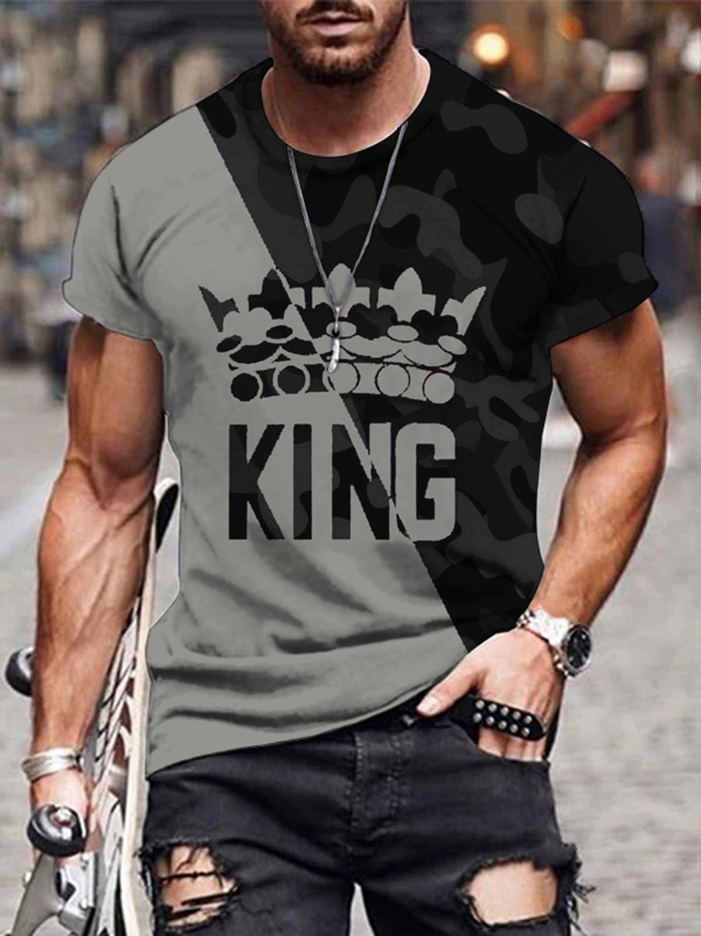 KING Crown Print, Men's Graphic T-shirt, Casual Comfy Tees For Summer, Mens Clothing