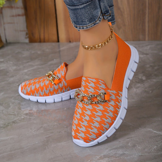 Women's Houndstooth Sock Shoes, Chain Decor Knitted Low Top Slip On Sneakers, Casual Breathable Walking Shoes