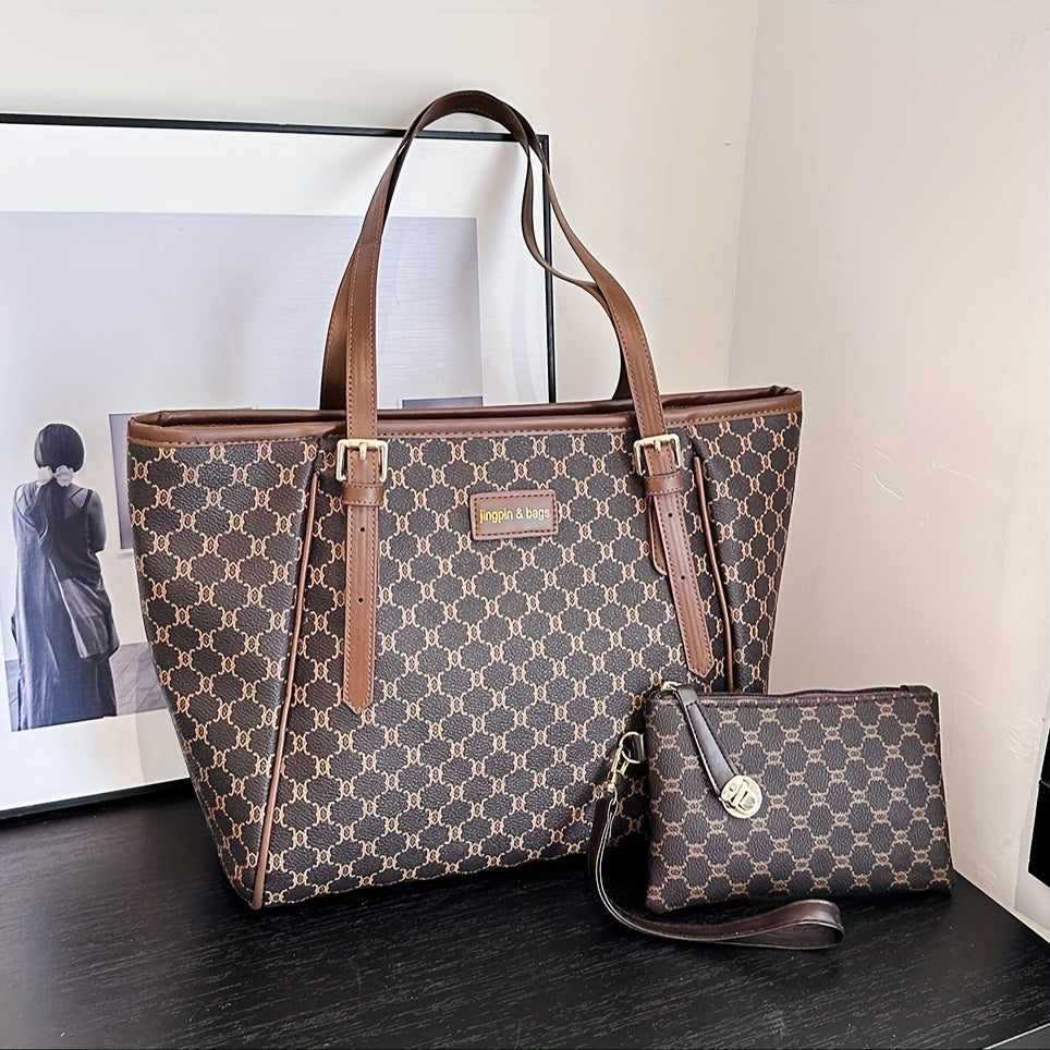 Classic Minimalist Tote Bag Set : Textured Trendy Tote Shoulder Bag With Geometric Pattern With Clutch Mini Pouch For Women's Daily Commuting
