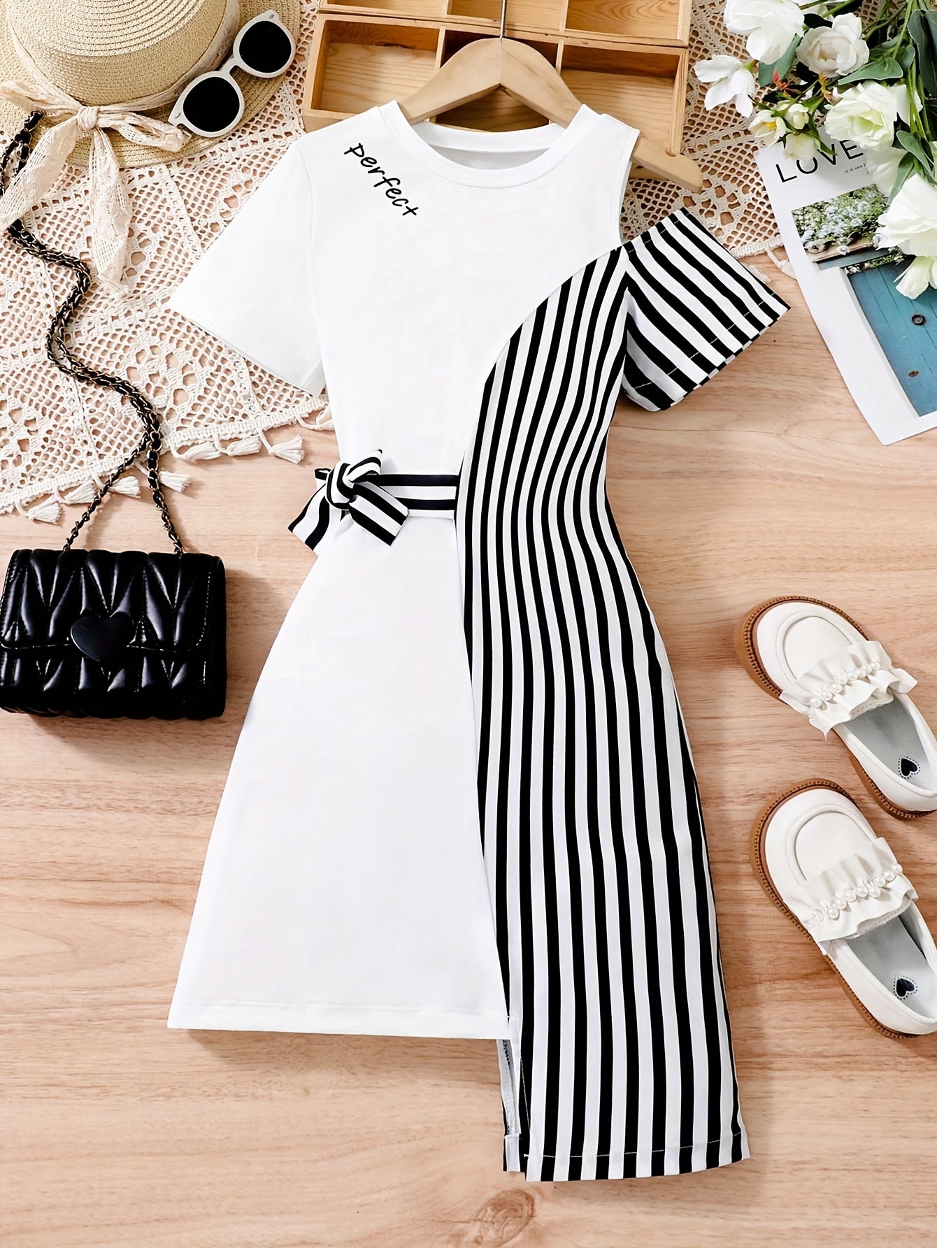 Girls 8-14Y Chic Striped Spliced Cut-out Drop Shoulder T-Shirt Short Sleeve Asymmetrical Hem Dress