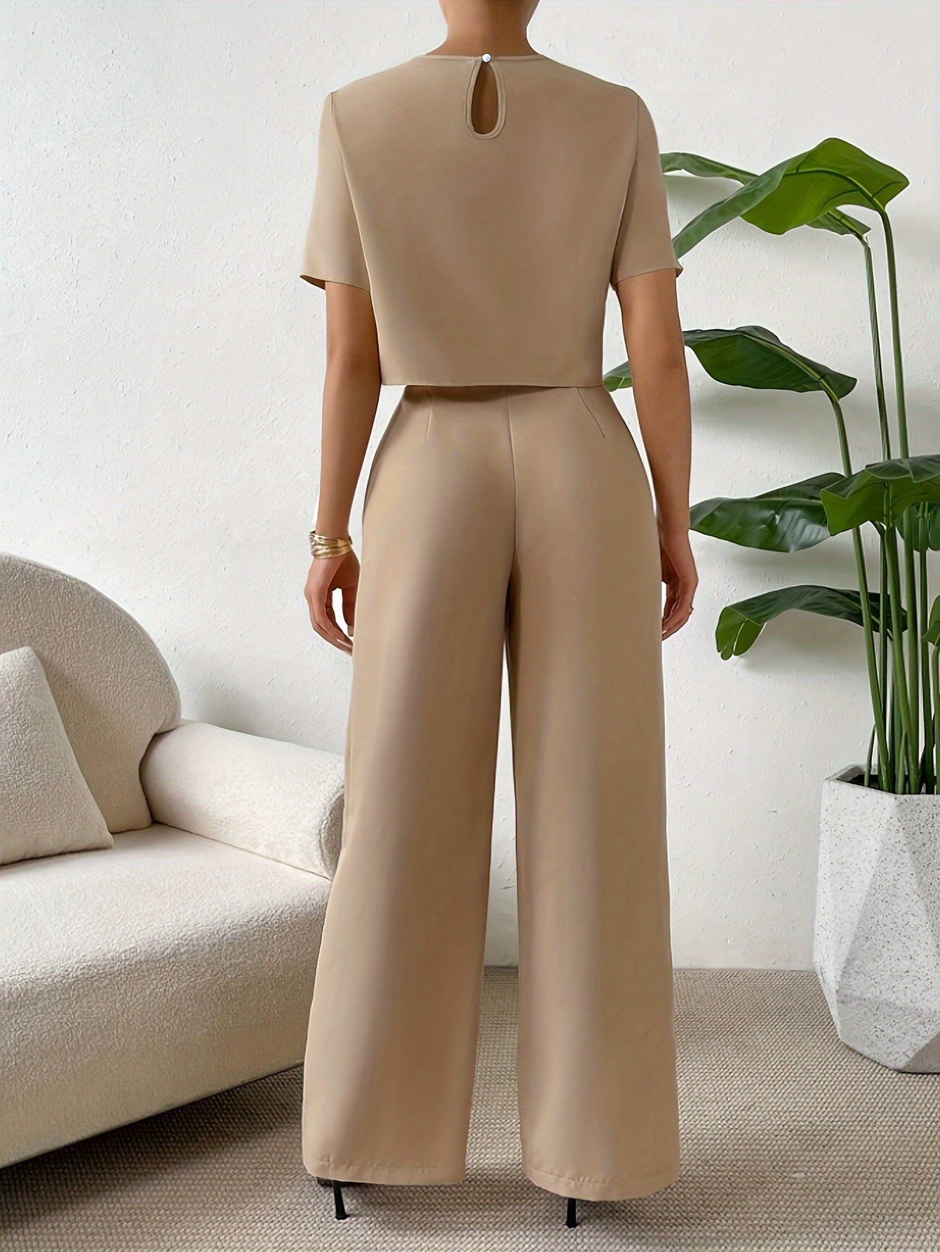 Elegant Simple Pants Set, Crew Neck Short Sleeve Crop T-shirt & Straight Leg High Waist Pants, Women's Clothing