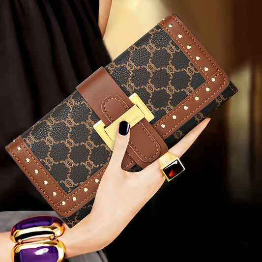 Classic Retro Geometric Pattern Long Clutch Wallet, Textured Trifold Coin Purse, Women's Middle Aged Style Wallet
