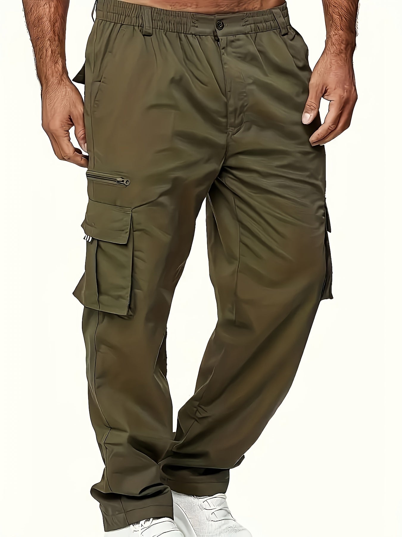 Solid Multi Flap Pockets Men's Straight Leg Cargo Pants, Loose Casual Outdoor Pants, Men's Work Pants For Hiking Fishing Angling