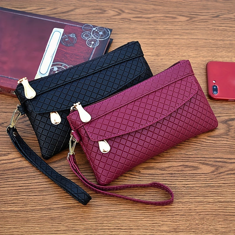 Women's Argyle Quilted Clutch Bag, Multi Zipper Wristlet Bag For Phone & Coin, Fashion Handbag