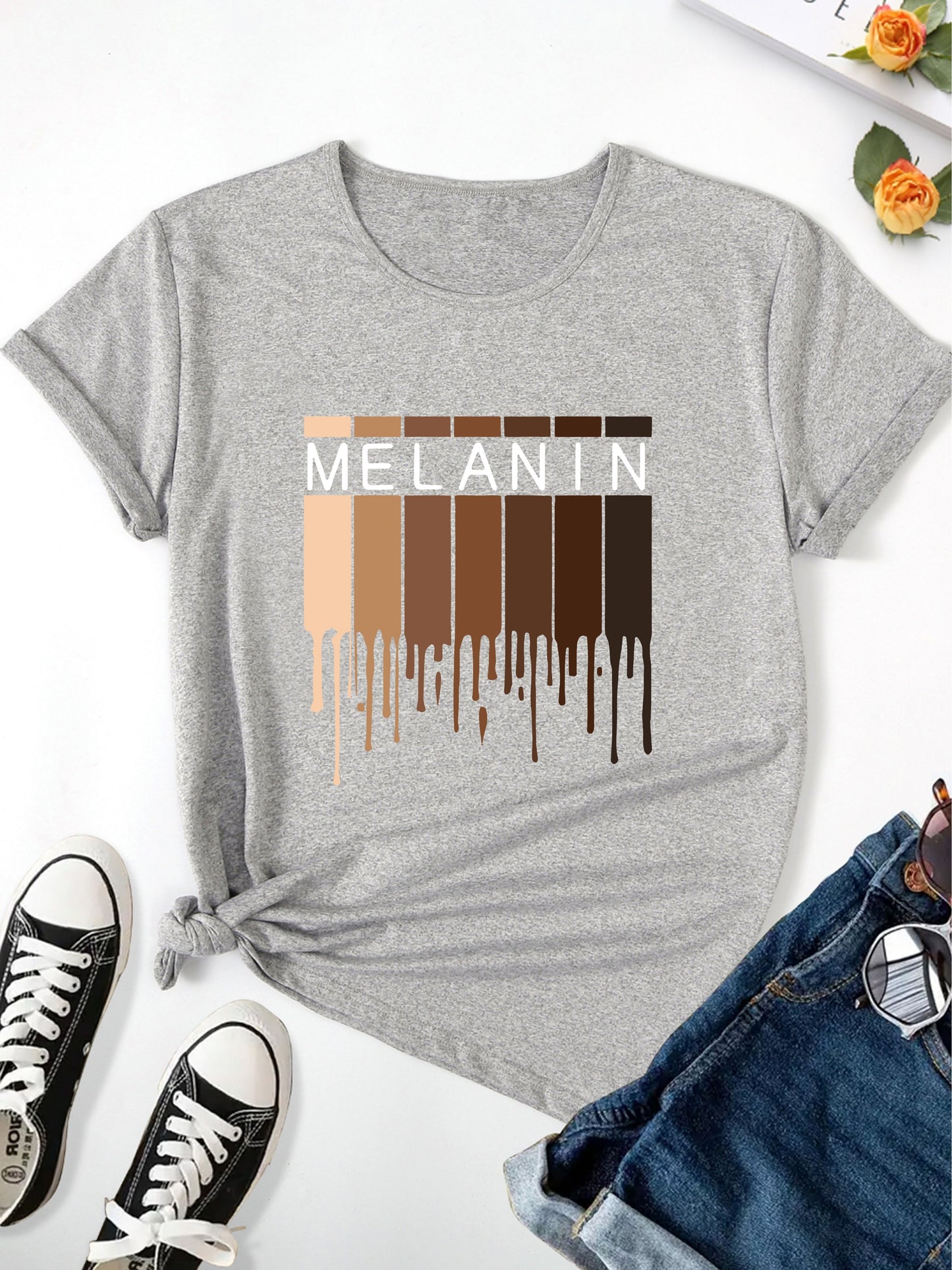 Melanin Print T-shirt, Casual Short Sleeve Crew Neck Top For Spring & Summer, Women's Clothing