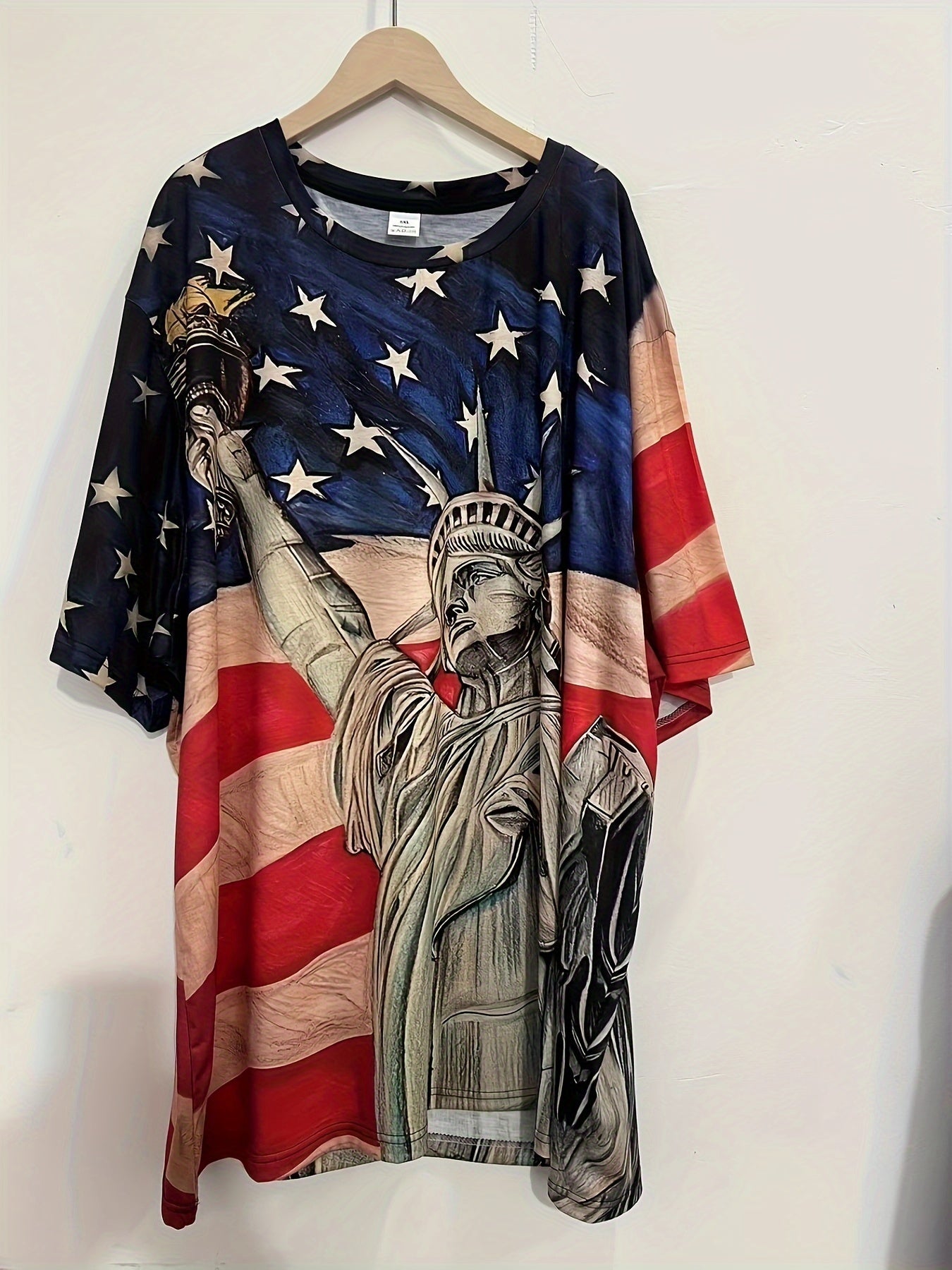 Plus Size Men's Statue Of Liberty & US Flag Print T-shirt Short Sleeve Tees, Summer, Men's Clothing