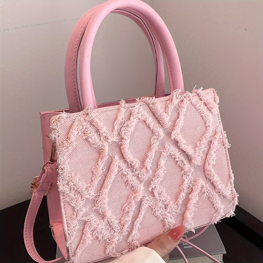 Fashion Denim Rhombus Handbag, Women's Mini Crossbody Bag, Solid Color Tassel Tote Bag Square Purse