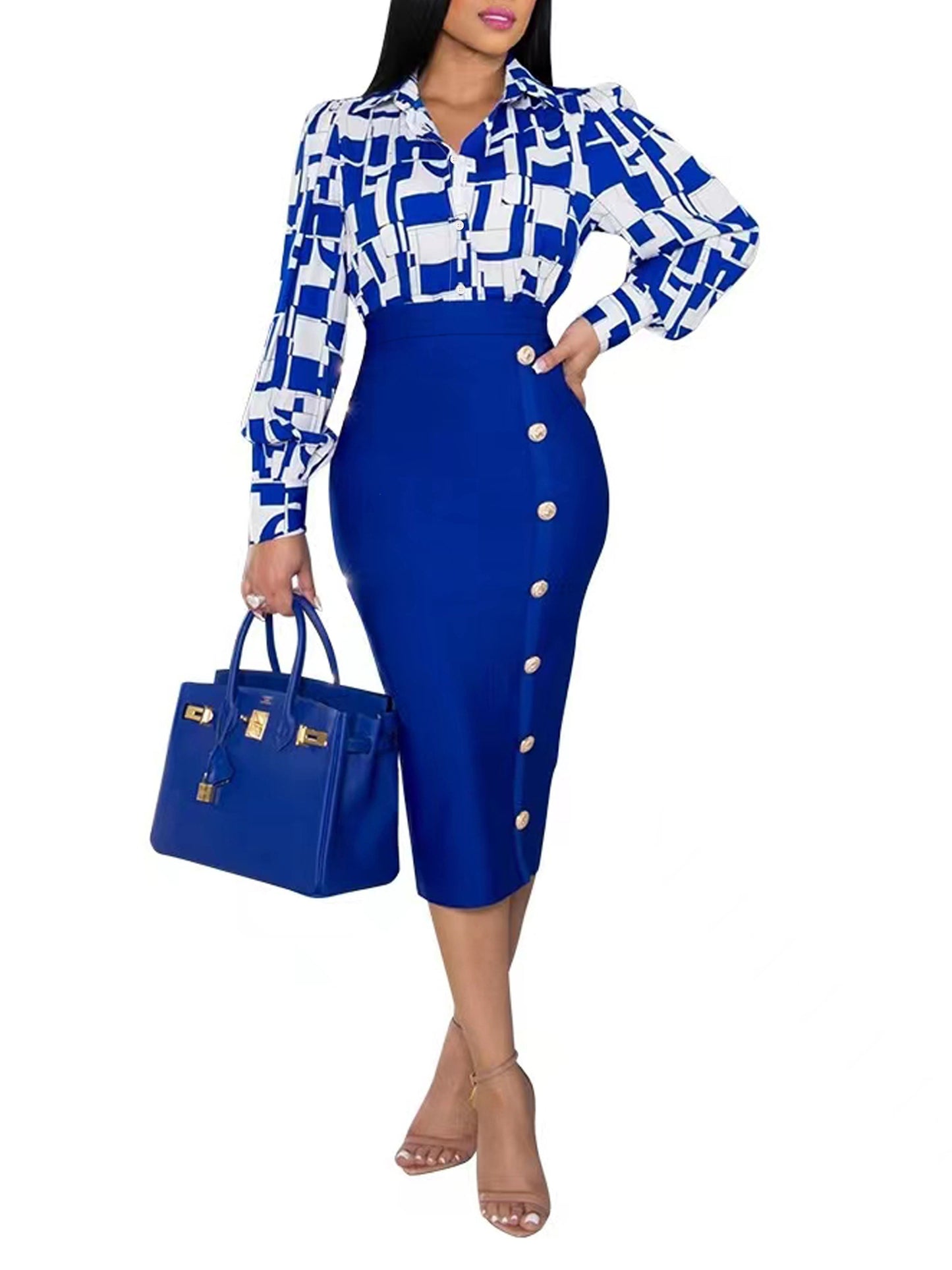 Elegant Geo Print Two-piece Skirt Set, Long Sleeve Button Front Shirt & Button Decor Slim Skirt Outfits, Women's Clothing