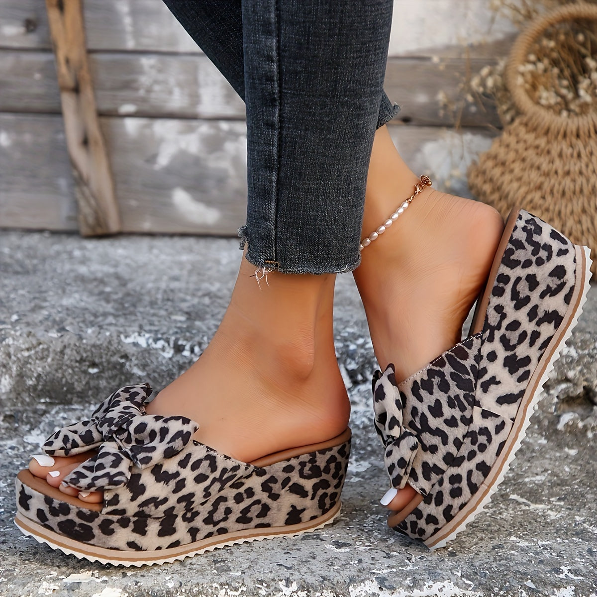 Women's Platform Waterproof Wedge Sandals, Fashion Slip-on Summer Beach Shoes, Leopard Print Bow Detail Vacation Sandals