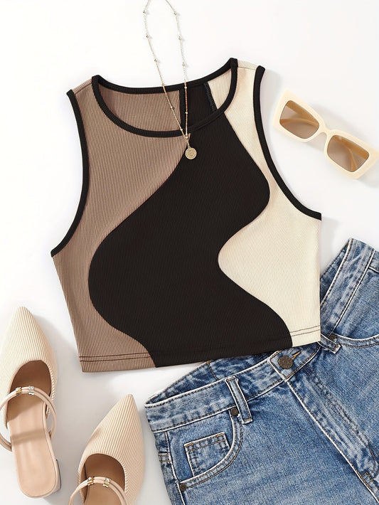 Color Block Crew Neck Tank Top, Casual Sleeveless Tank Cropped Top For Summer, Women's Clothing